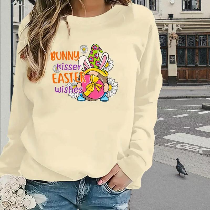 

Топы для женщин, игривый кроличий принт, круглый вырез, длинный рукав, футболка, осенний повседневный тонкий пуловер, женский топ с длинным рукавом