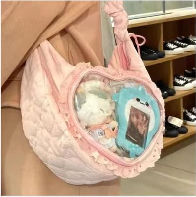 Pink Cute Womens Shoulder Bag Pleated Love Heart Lolita Jk Ita Bag Drawstring Ballet Style Sweet Fashion Female Handbag