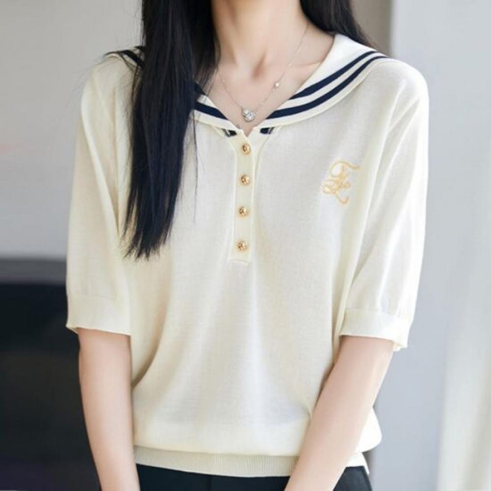 Navava Women Embroidered Button Collar Short Sleeve Knit Tee Nk3708