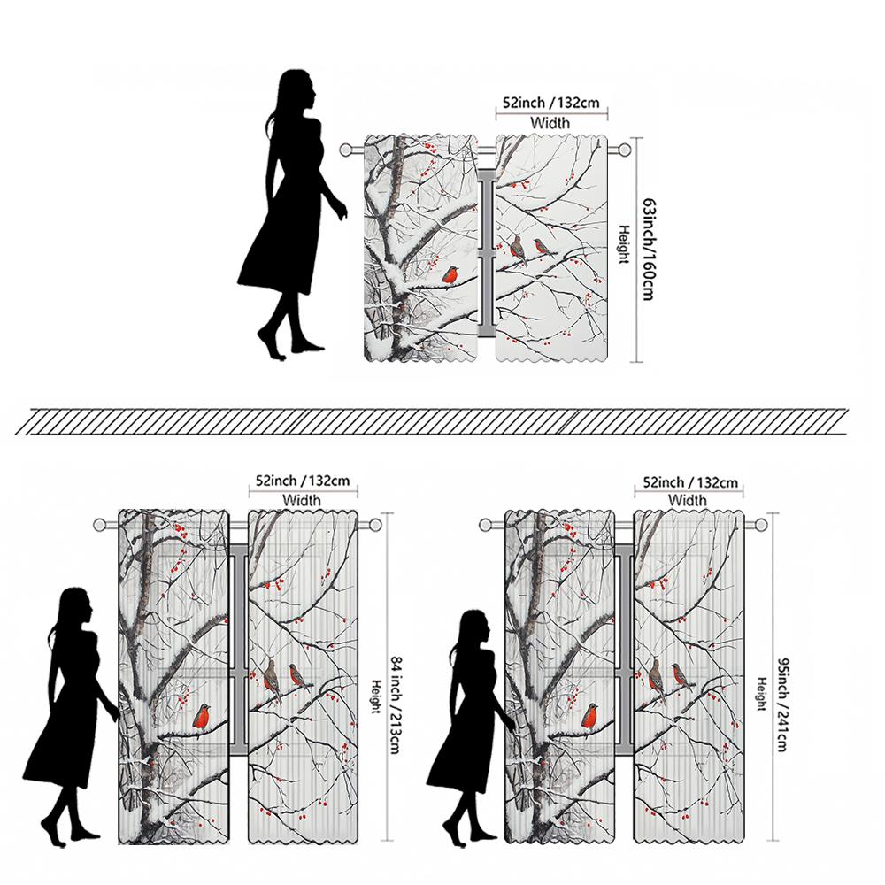 2-teiliges Set hochauflösender digital bedruckter VorhangWinter Schnee Baum Rote Vögel Rote Beeren Stangenvorhang Stil Heimdekorationsstil
