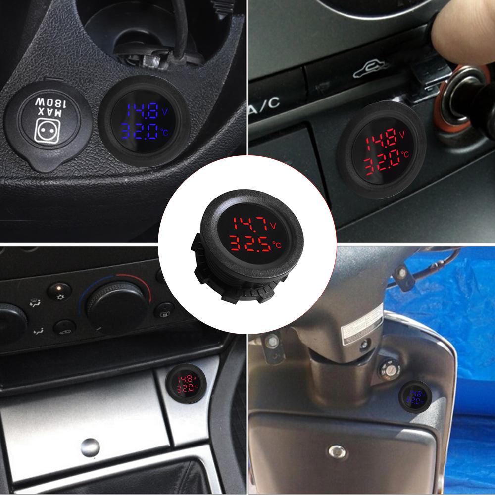 Kebidumei Car Round Temperature Voltmeter 12-24V Auto Voltage Meter Display Digital Measurement Car Motorcycle Boat Thermometer