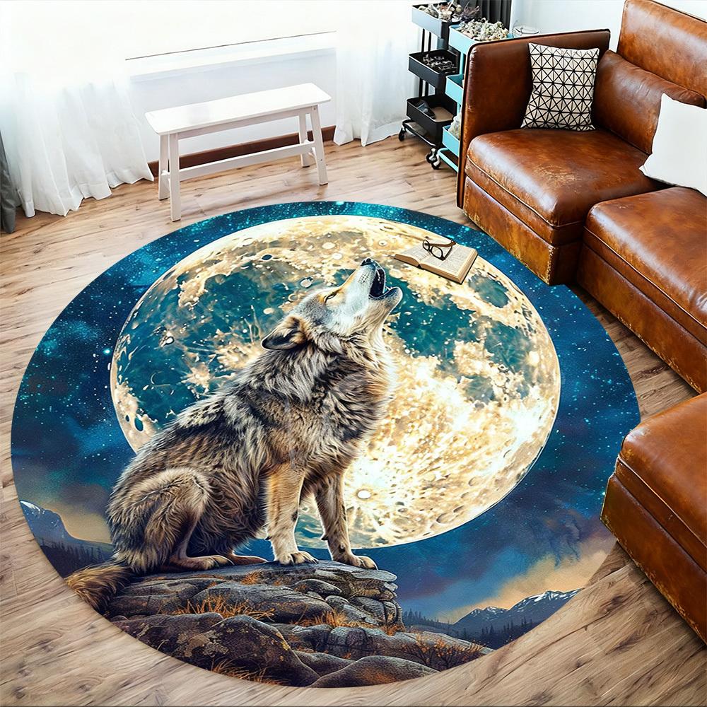 1PC wolf howling moon Office Round Area Rug, Under Office Chairs Bedroom Living Room Home Decor, Carpet for Office -1110016