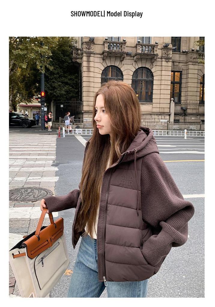 Women's 2026 Knitted Patchwork Sleeve Cotton Jacket - Short, Two-Piece Style, Autumn/Winter New Fashion Outerwear