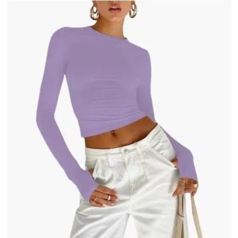 Women's Spring New Shirt Solid Color Crew Neck Bottom Shirt Slim Wear Hand Long Sleeve Top Women
