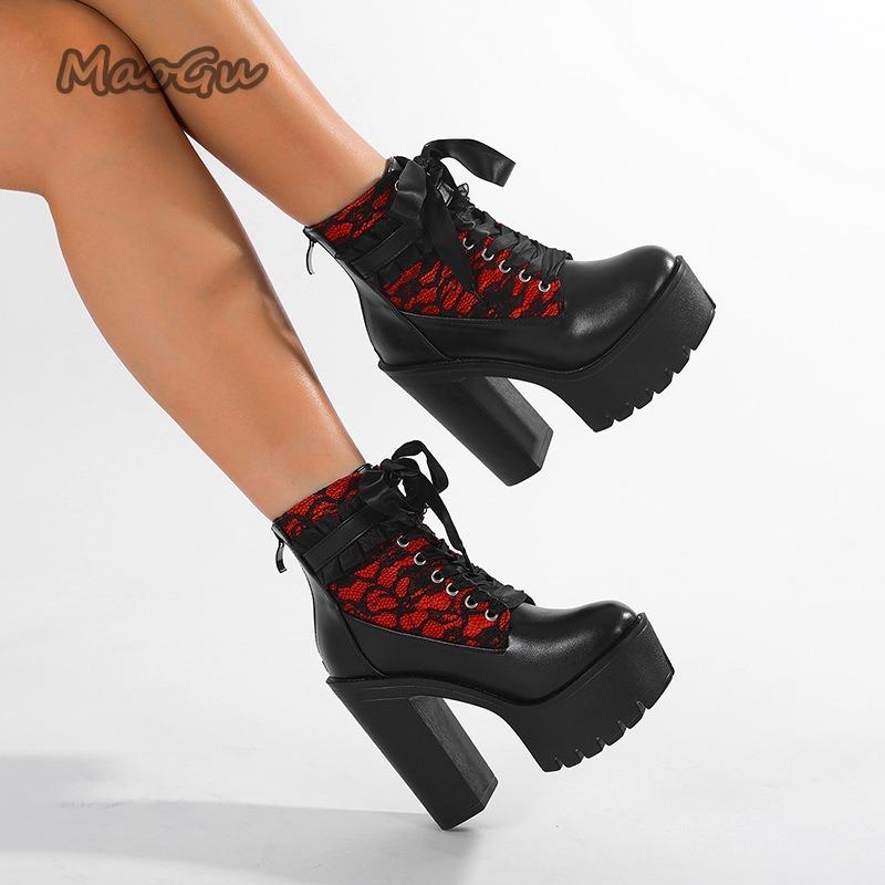 Fashion Gothic Lace Super High Heel Ankle Boots for Women Vintage Back Zipper Chunky Platform Boots Red White Botas Mujer Size 35-42