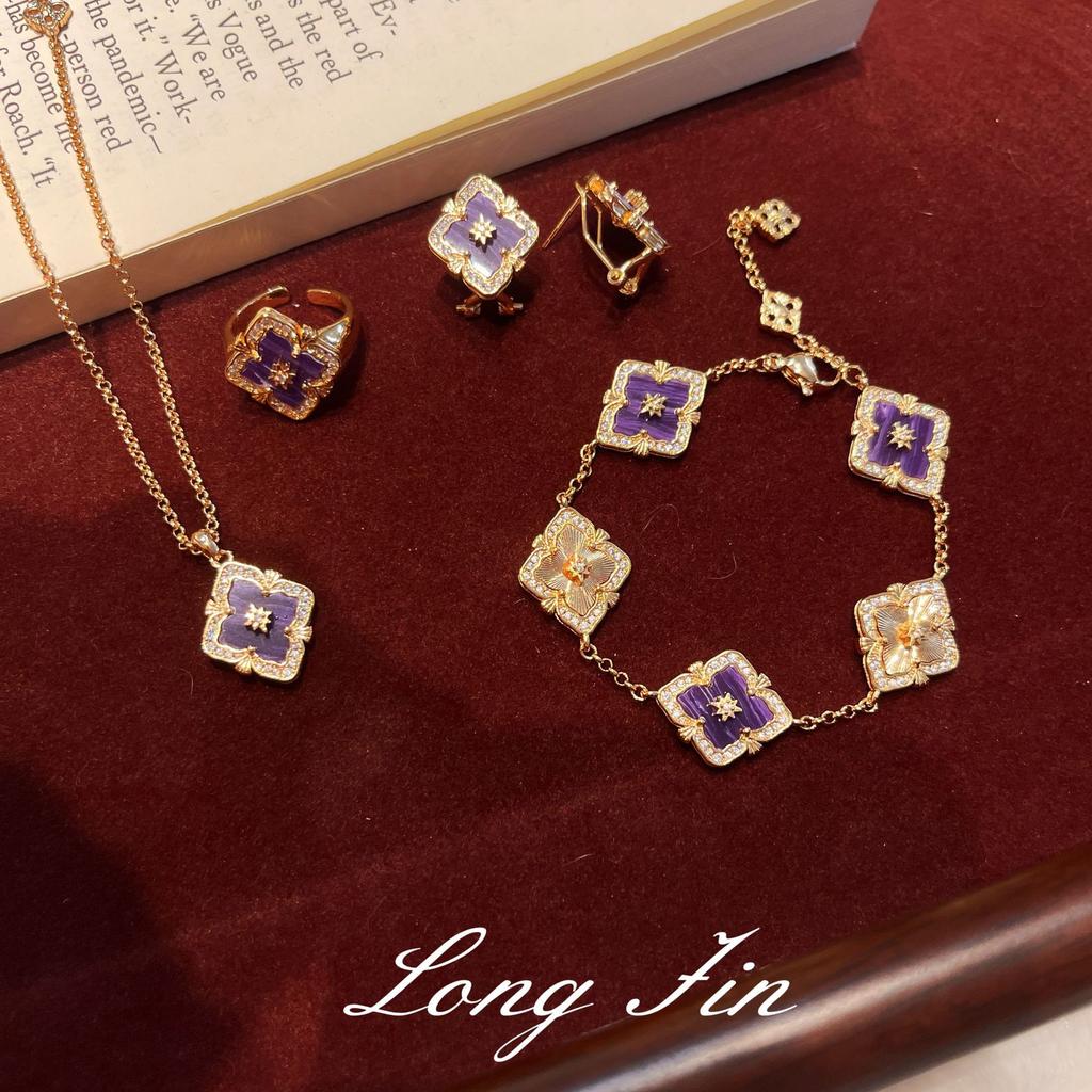 French Retro Four-Leaf Clover Window Grilles, Purple Dragon Crystal Jewelry Set, Necklace, Bracelet, Earrings, And A Ring.