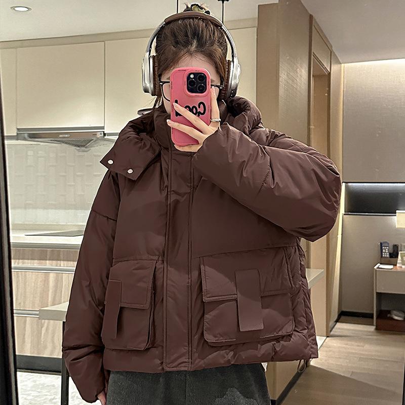 

Winter new cotton clothes women s short hooded fashion splicing contrasting colors thickened bread clothes loose coat tide XXL