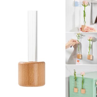 Vaso per Fiori in Provetta con Base in Legno Naturale e Design Magnetici, Vaso Magnetico per Frigorifero per Decorazioni per la Casa e l'Ufficio