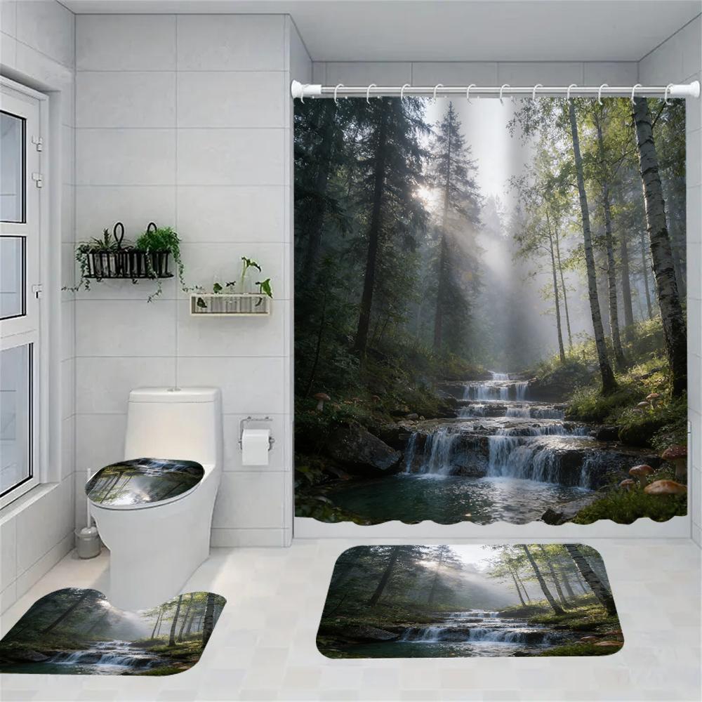 1/4 Rose Print Shower Curtains, Toilet Seat Decoration, Shower Curtain With Carpet And Toilet Lid, 70.8X70.8 Inch