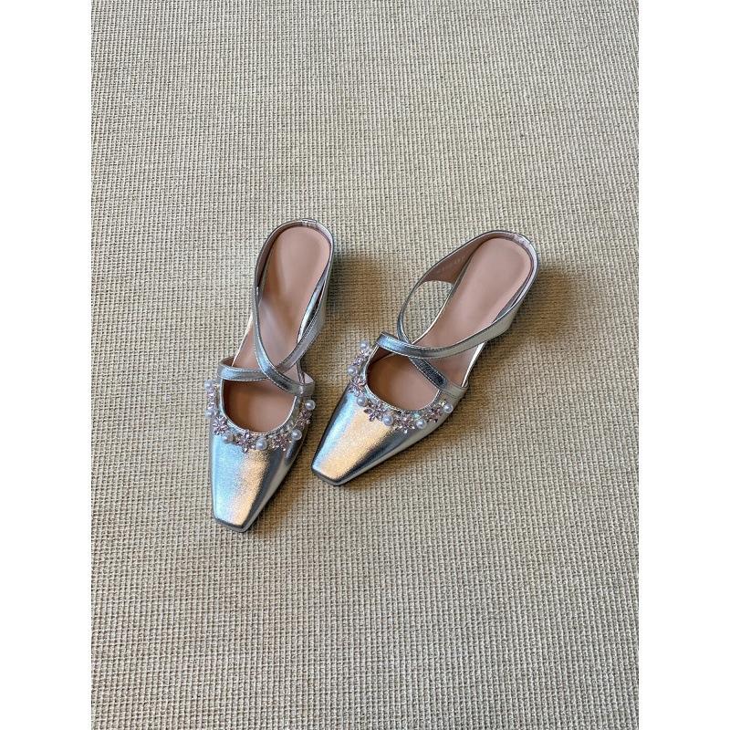 French Pearl Cross-strapped Bag Head Half Slippers with Skirt Inner Height Increase Temperament Muller Cool Slippers Women