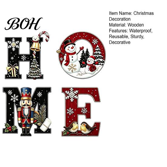 Wooden Holiday Door Decor 4Pcs Christmas HOME Letter Wall Decor, Hanging Sign with Nutcracker Snowman Vintage Country Signs Tree Art, Waterproof