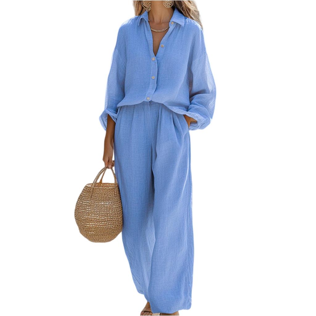 Women's Fashion Two-piece Solid Color Long-sleeved Shirt Trousers Casual Set