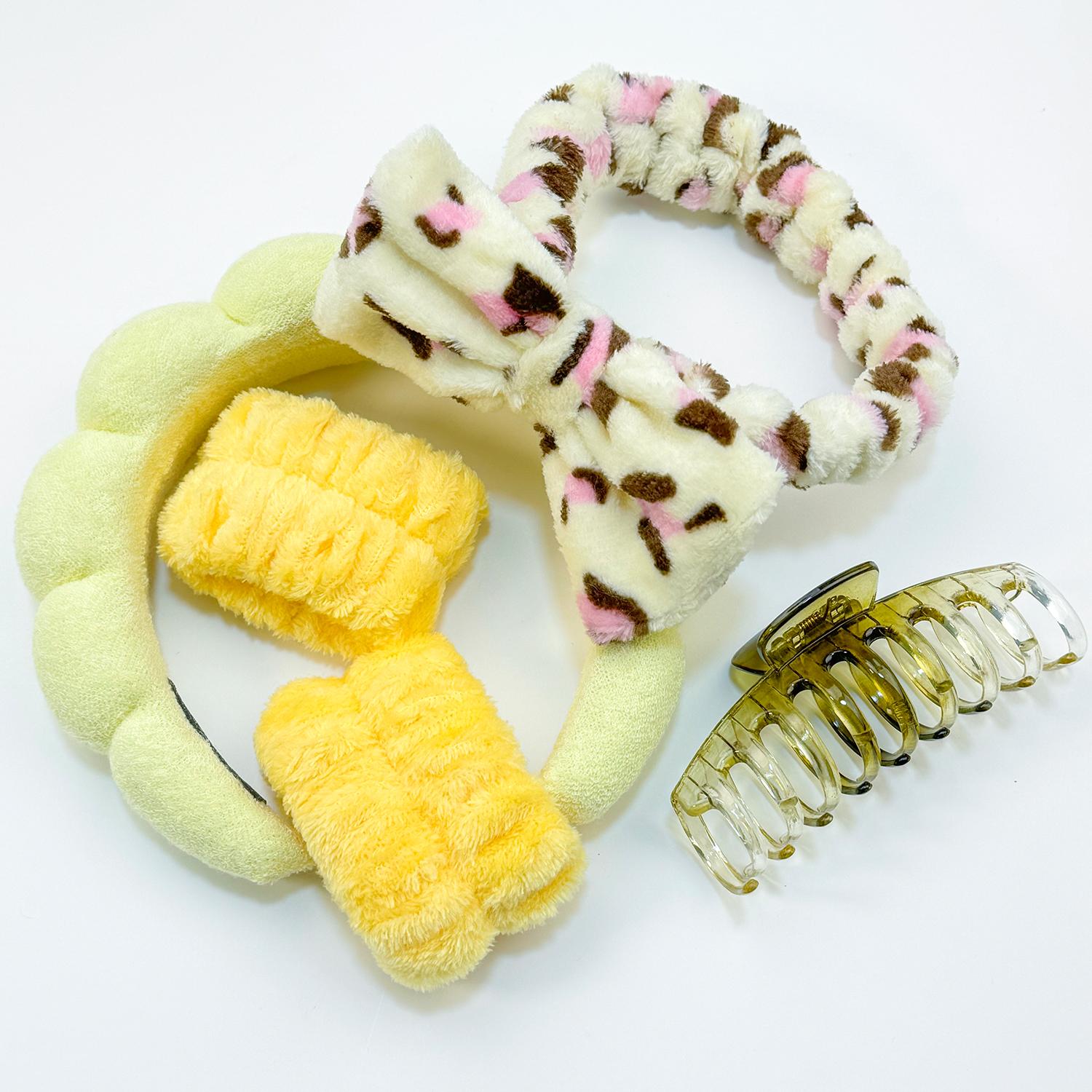 

5 ШТ. Спа-повязка на голову для умывания, набор браслетов, губчатая повязка для макияжа, наручные полотенца, повязка для волос с пузырьками, заколки-крабы для волос, головные уборы