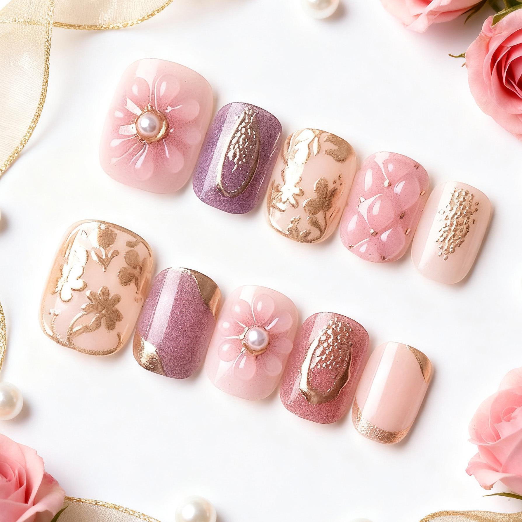 30-Piece 3D Nail Art Set: Oval Gold Foil, Pink Flower, Pearl Short Tips