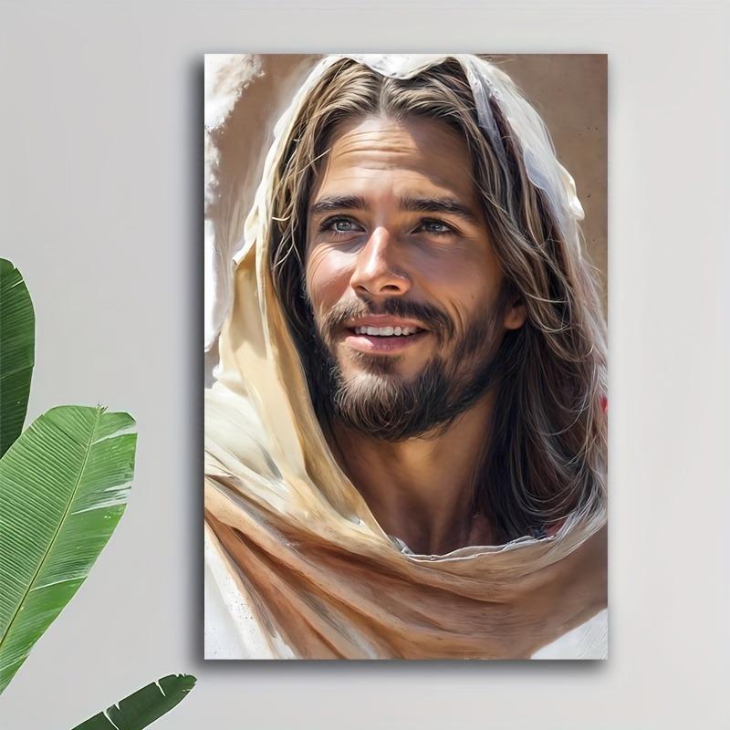 Smile Canvas Art Print Religious Wall Decor, Serene Beige-Haired Figure in White Robe, Contemporary Style, Perfect for Home, Office, Bedroom