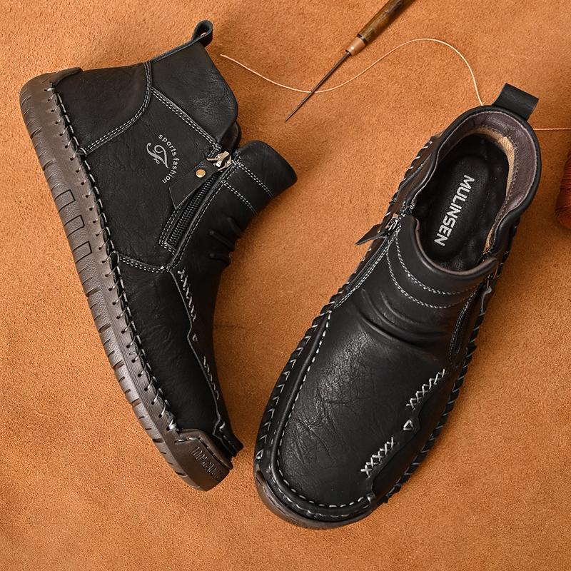 Men's Leather Boots Zipper High Top Casual Shoes