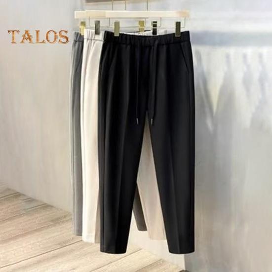 Men Suit Pants Drawstring Elastic Waist Straight Leg Solid Color Loose Formal Business Style Office Wear Trousers Ninth Pants