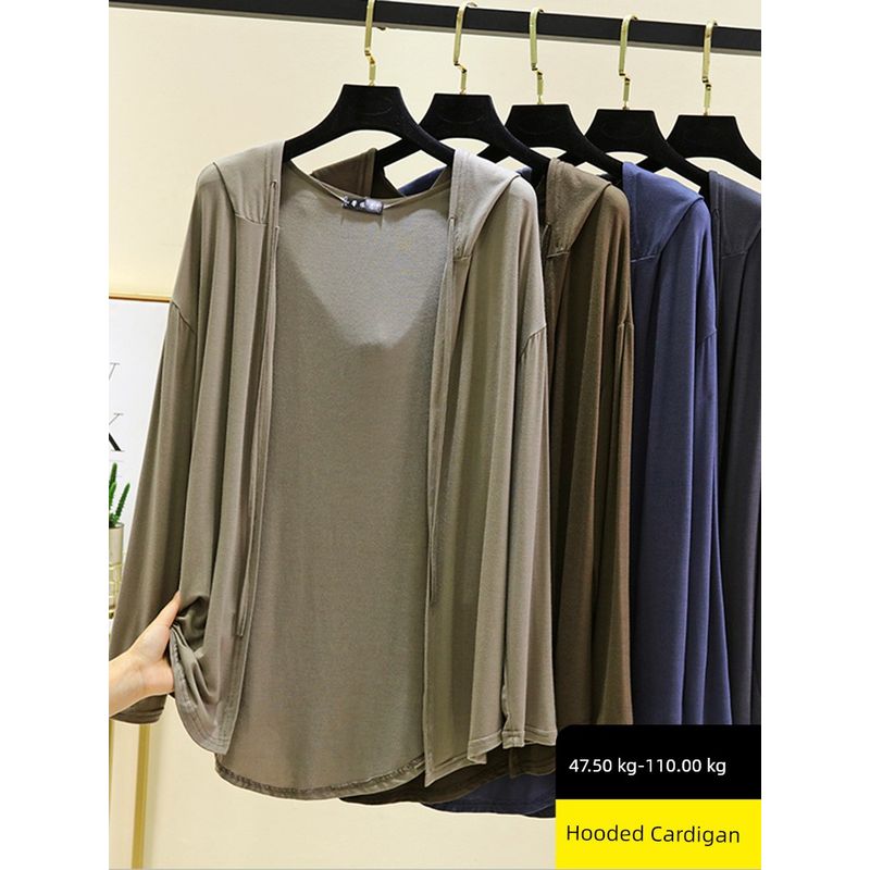 Long Sleeves Modal Hooded Cardigan Women's Thin Loose Outer Wear Sun Protection Top Plus Size Loose Pure Color Casual Outwear