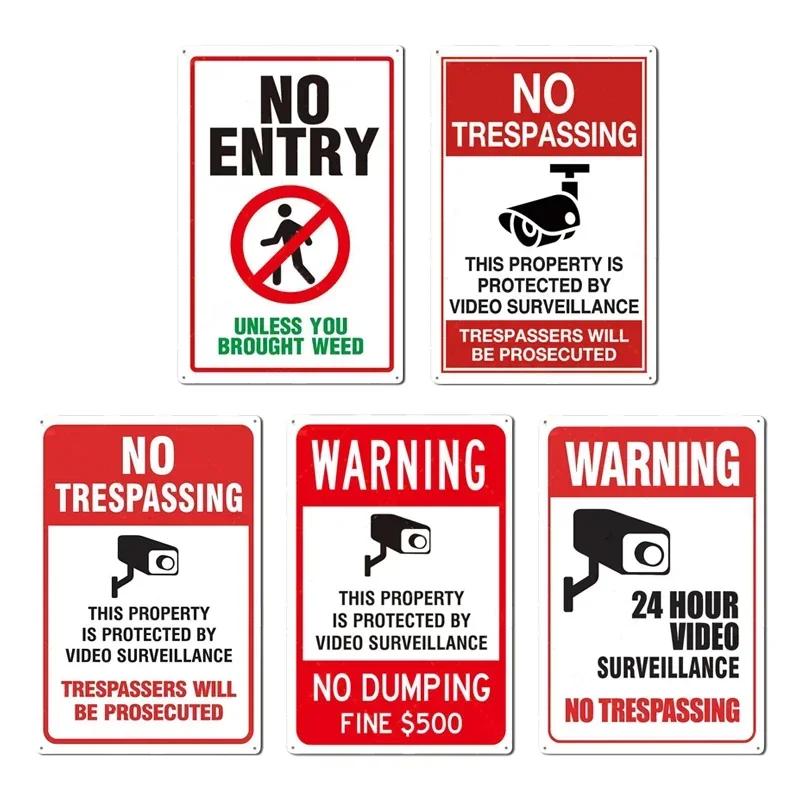 1pc No Trespassing No Entry Private Property Warning Signs Public Garage Workshop Wall Decor Vintage Metal Sign 8x12 Inch