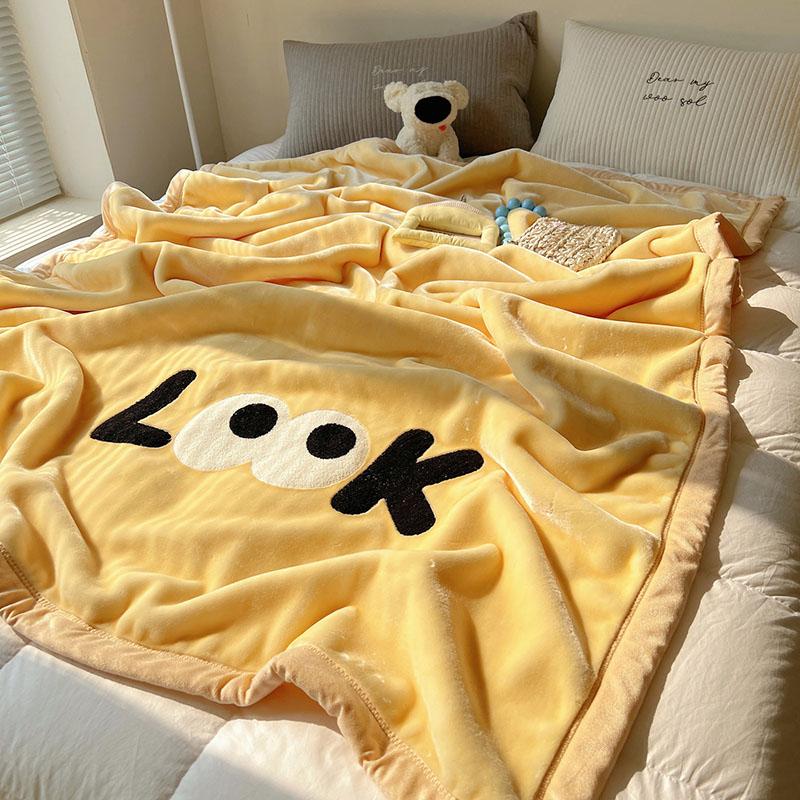 Solid Thick Cartoon Towel Embroidered Blanket Double Layer Warm Milk Velvet Sofa Cover Cozy Breathable Bedspread for Adult Kids
