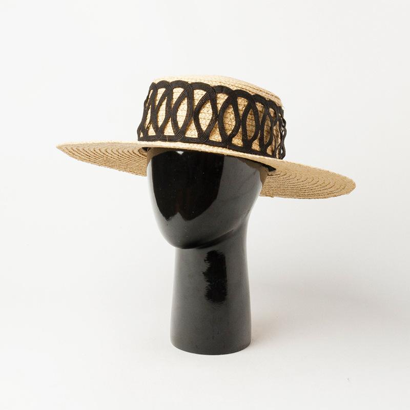 European and American spring and summer new grid decoration with flat top big eaves Lafite straw hat outdoor shading and sun protection Lafite straw