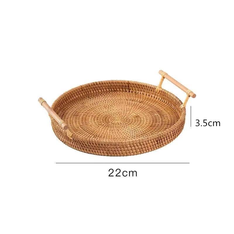 Handwoven Rattan Storage Tray with Wooden Handle Picnic Basket Bread Food Plate Snacks Fruit Cake Platter Dinner Serving Tray