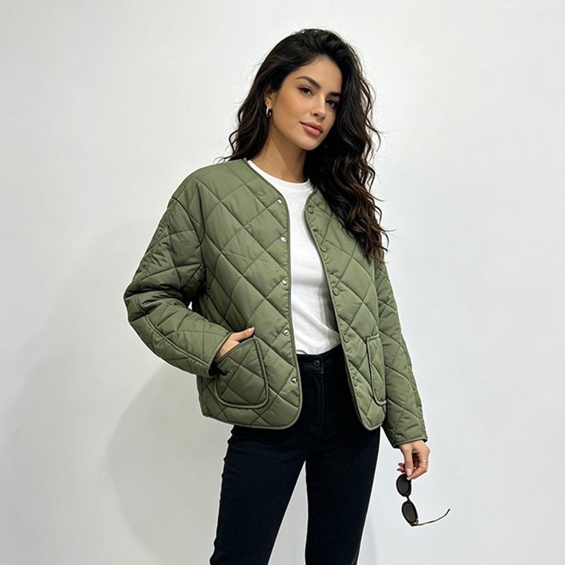 Light and thin cotton-padded clothes for women's winter new rhombus lattice pressure cotton-padded clothes jacket Hong Kong style bread clothes cotton
