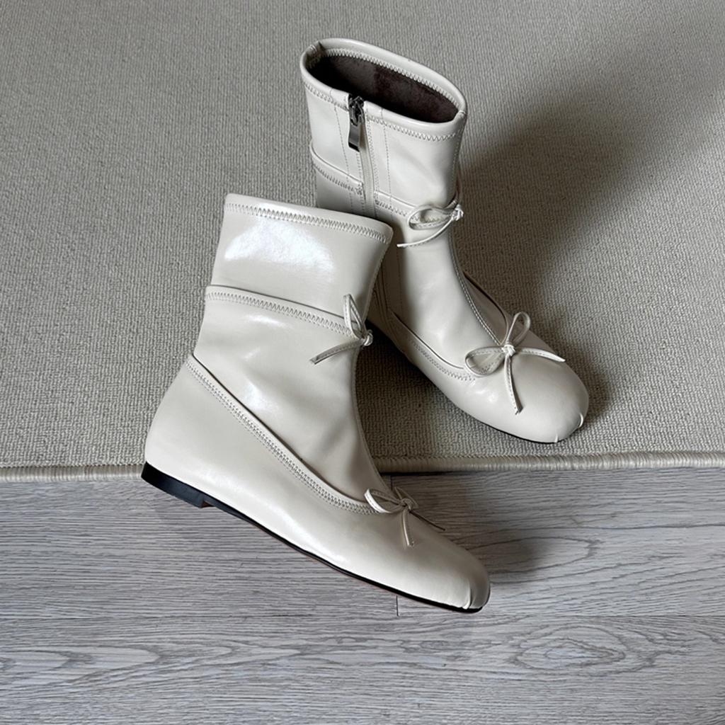 Lammfellversion~ Französische runde Zehen Schleife innen höhenerhöhende kurze Stiefel Damen elastische dünne Stiefel Reißverschluss hinten Temperament kleine nackte Stiefel