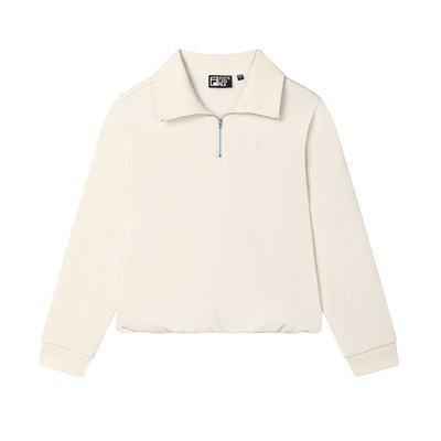 Fleece Half-Zip Polo Sweatshirt Women Tops Mist-Lotus-White F11W513207FIV