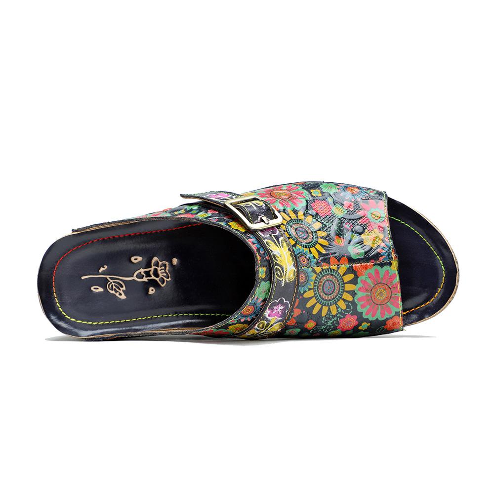 Johnature Chaussures d'été pour femmes, pantoufles d'extérieur en cuir véritable, sandales plates confortables rétro peintes à la main, nouvelle collection 2023