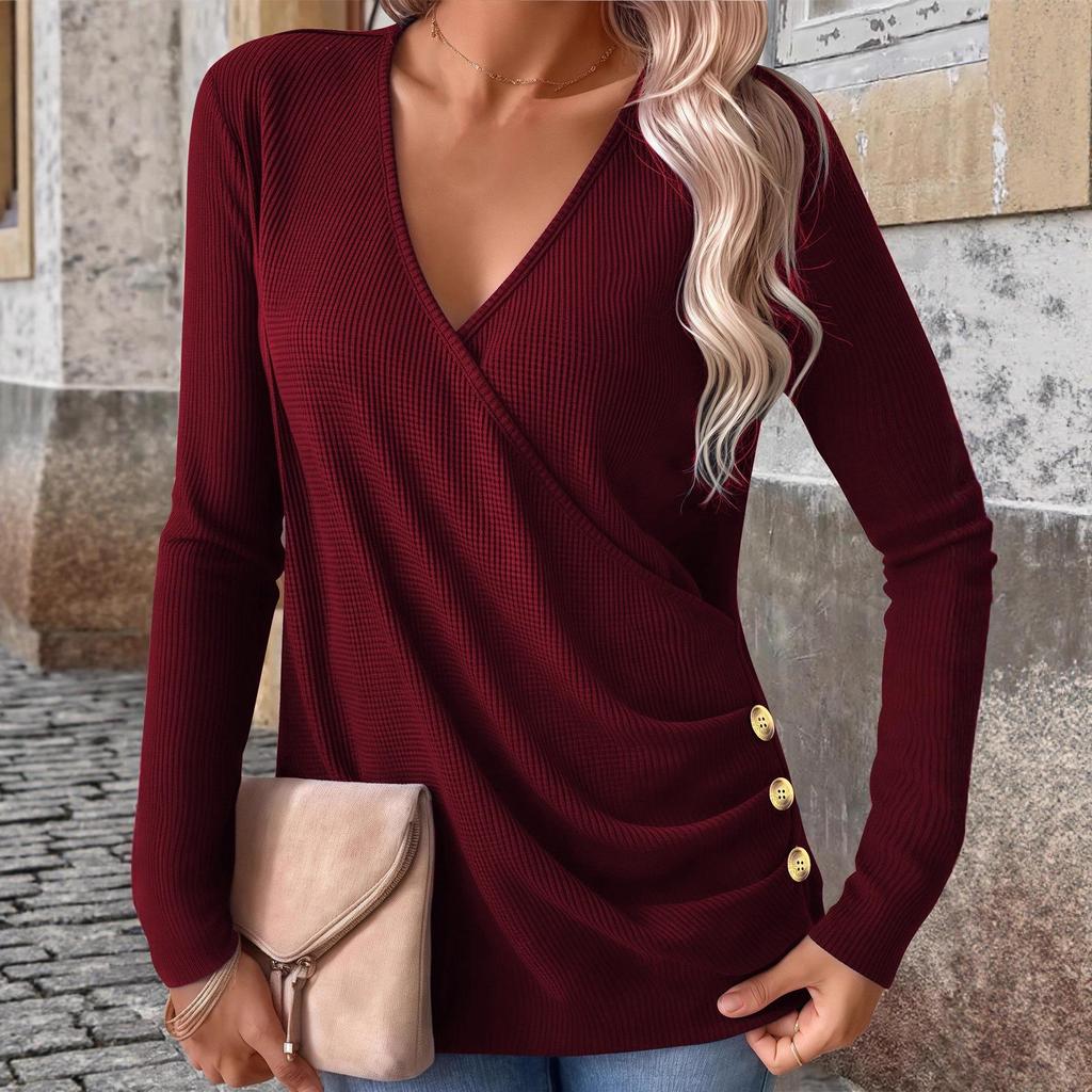 2025 Autumn Plus Size V-Neck Button Waffle Knit Women's T-Shirt