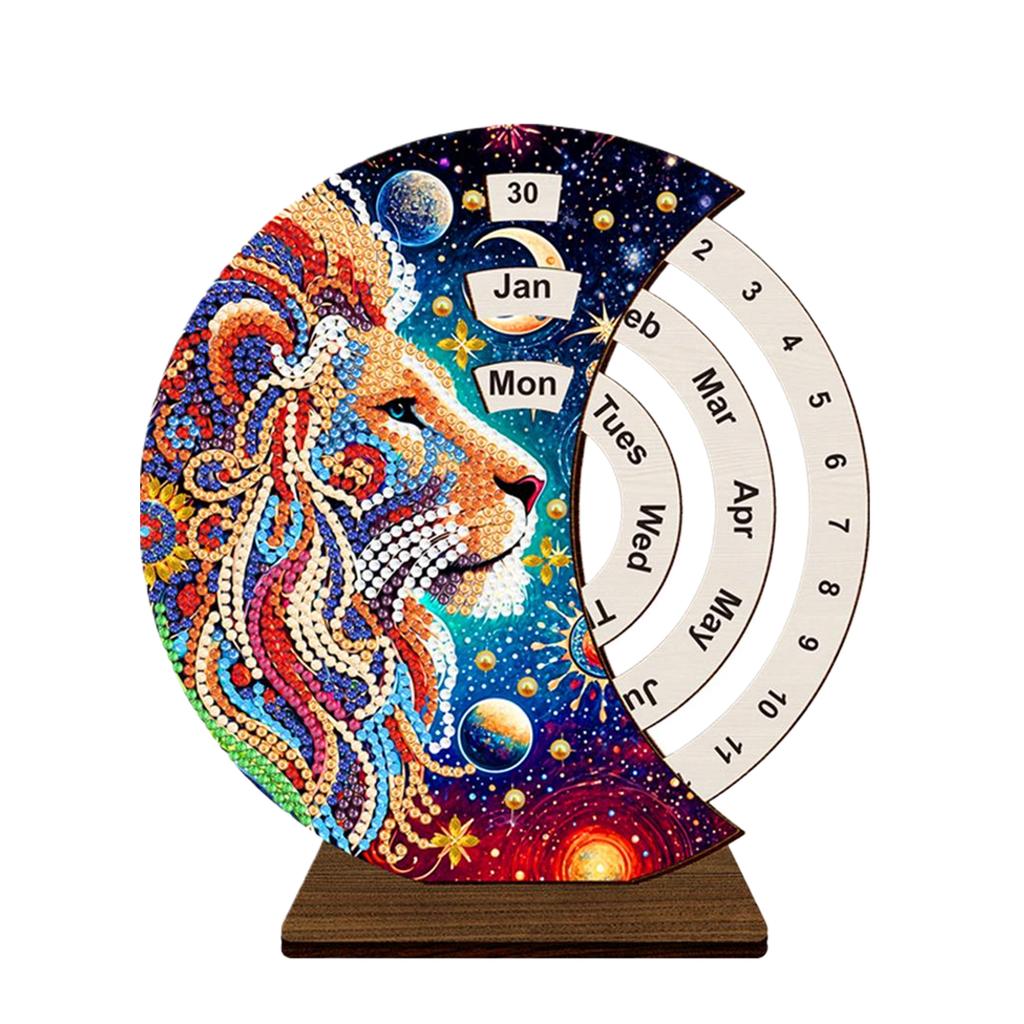 Diamantmålning Unik Trä Roterande Kalender Evig Kalender med Roterande Månad Dag Vecka Skrivbordsdekor för Hem och Kontor