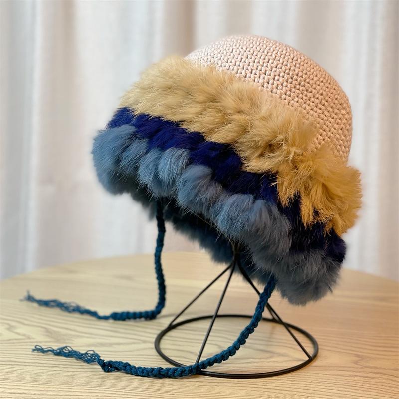 Women's Hand-Knitted Colorful Plush Rabbit Fur Bucket Hat Warm Winter Beanie with Multi-Color Autumn & Winter Fashion Accessory, Comfortable Knit Hat