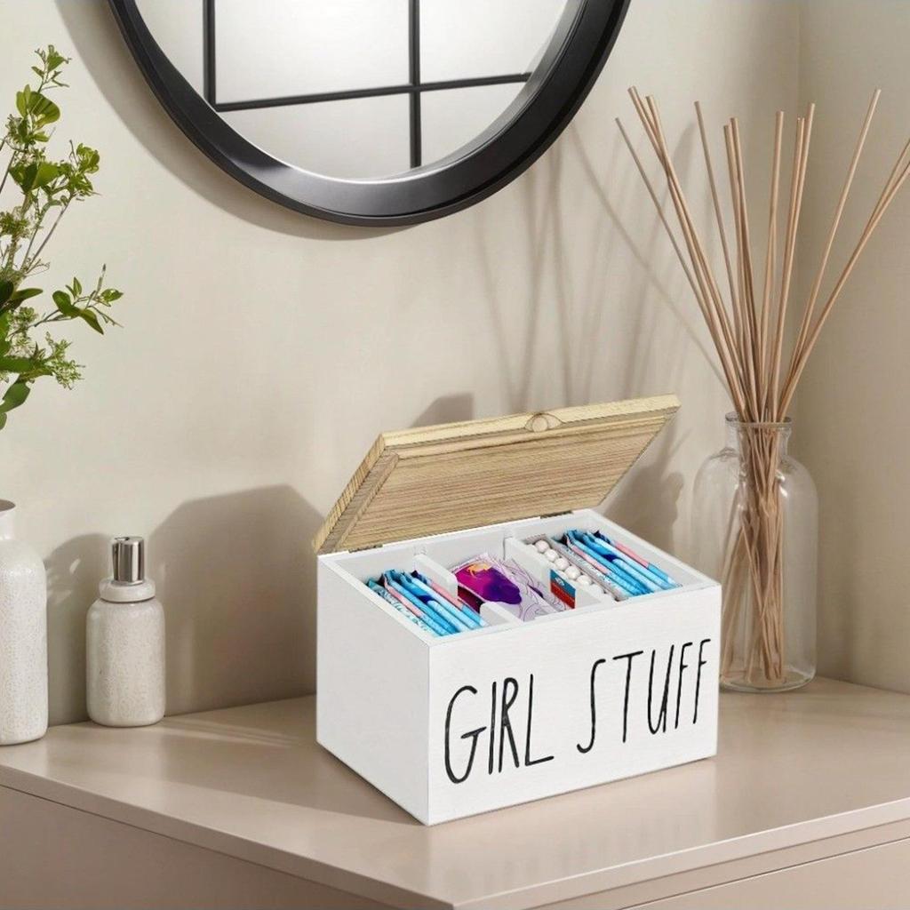Tampon Box For Bathroom Storage Holder With Divides Wooden Tampon Organizer With Lid For Women Napkin Toilet Vanity Counter