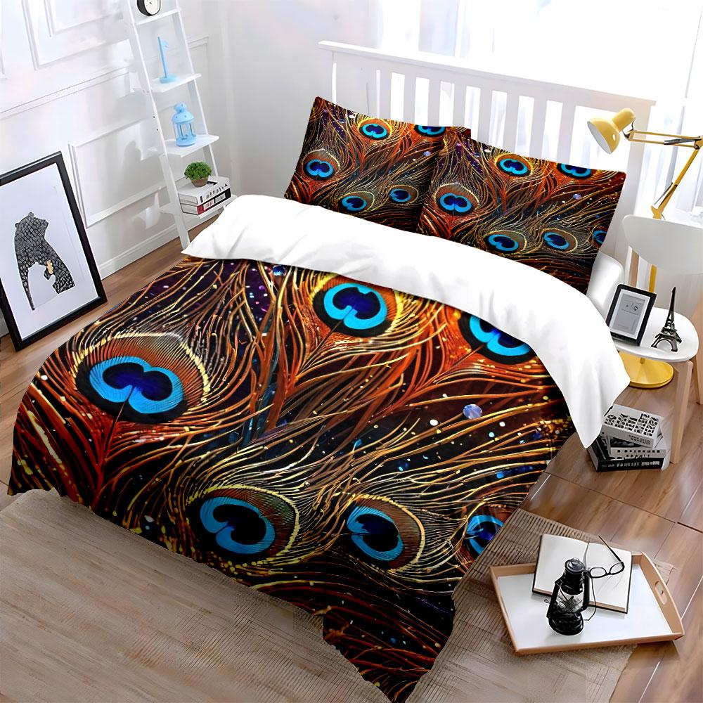 Peacock Feather Design Decor Set Soft Comfortable Duvet Cover Bedding Set Included 1*Duvet Cover & 2*Pillowcases, Gift