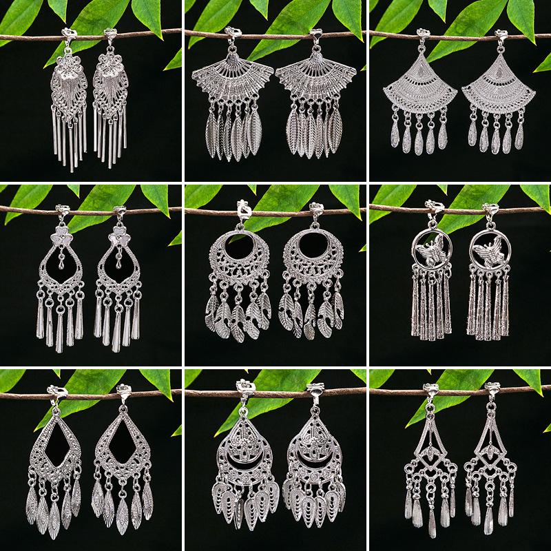 Ethnic Miao Silver Tassel Ear Clip - No-Piercing Retro Metal Earring for Women