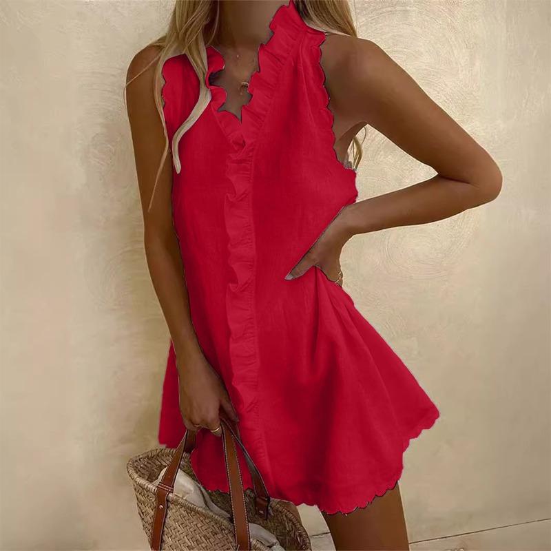 Fashion Summer Ruffled Sleeveless Casual Women Dress V Neck Solid Color Loose Simple Elegant Sweet A-line Party Short Dress Female Women's Clothing
