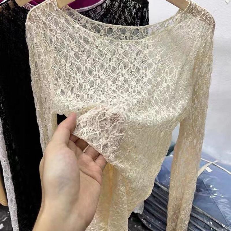 Camisa de Encaje Ligeramente Transparente Sexy con Cuello Redondo para Mujer Blusa de Manga Larga con Flores Holgada Nueva Sexy Ajustada Tops Interiores Dulces Camisetas Transparentes
