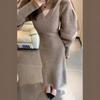 With Coat V-neck Knitted Long-sleeved Dress for Women, Thickened Waist and Thin Hip Skirt In Autumn and Winter, Sweater Dress Inside