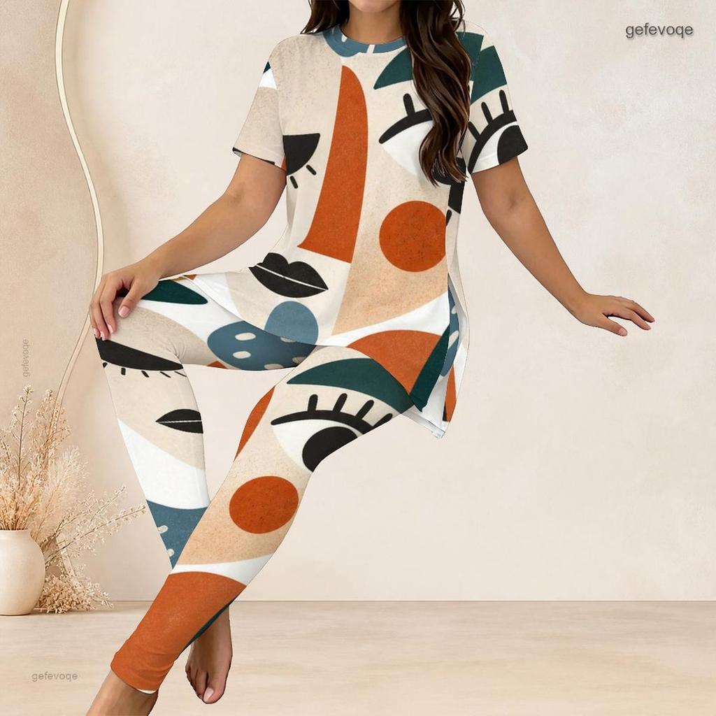 Women Plus Size Two Piece Set Round Neck Short Sleeve Geometric Printed Top And Long Pants