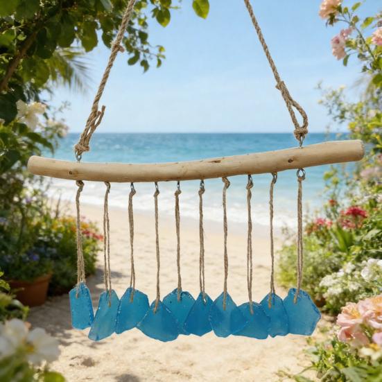 Handmade Sea Glass Wind Chimes for Outside Coastal Style Hanging Wind Chime with Wooden Hanger for Home Wall Garden Decor Gifts for Mom Women
