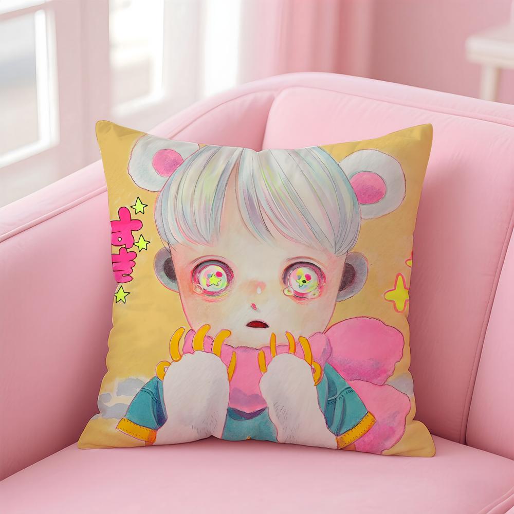 Whimsical Japanese Abstract Art Cute Emo HHikari Shimoda Cushion Cover Pillow Case Soft Skin Friendly Fabric Concealed Zipper