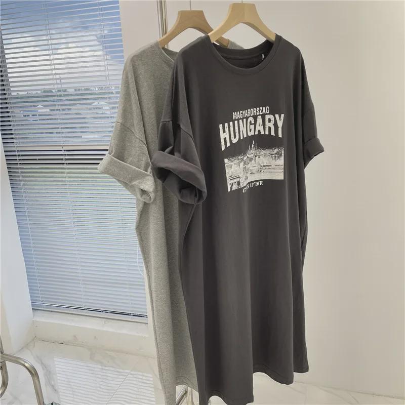 2025 Summer Women's Cotton Knee-Length T-Shirt Dress with Letter Print