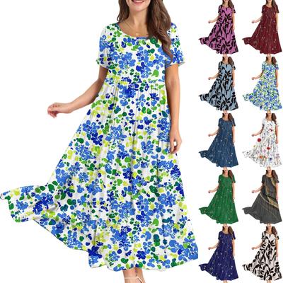 Γυναικείο Casual Loose Bohemian Floral Φόρεμα Κοντό μανίκι μακρύ μάξι καλοκαιρινό φόρεμα με κούνια στην παραλία