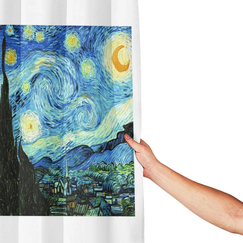 1 ks Umělecká podložka pod sprchový závěs inspirovaná Van Goghem - Perfektní pro dekoraci koupelny - Obsahuje 12 háčků , Na spodním okraji jsou zátěže