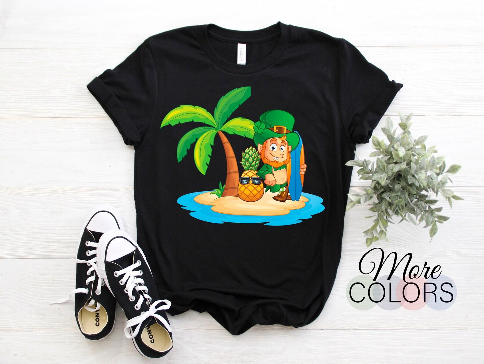 Leprechaun St Patrick Day Surf Beach Surfer Hawaiian Wave Surfing Irish T-Shirt, Vacation Ocean Beach Lover Gift, Surfboard, Surfboarder, 100