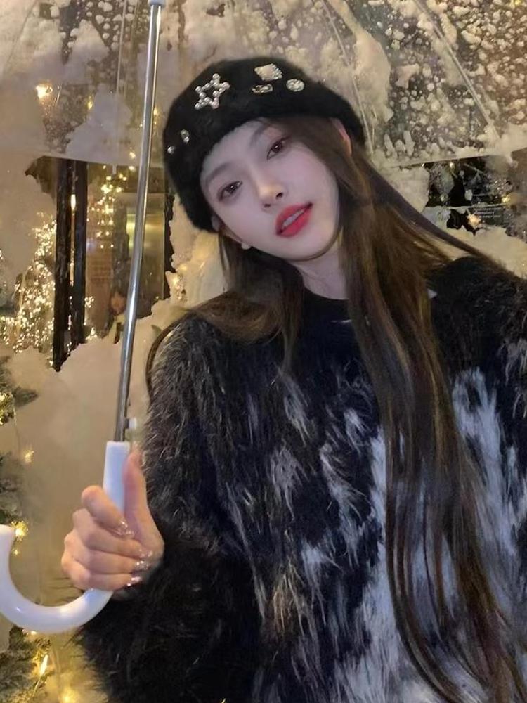 Heavy Industry Rhinestone Beret Women's Autumn and Winter Warm Plush Painter Hat Fashion Versatile Bud Hat Forward Hat Tide