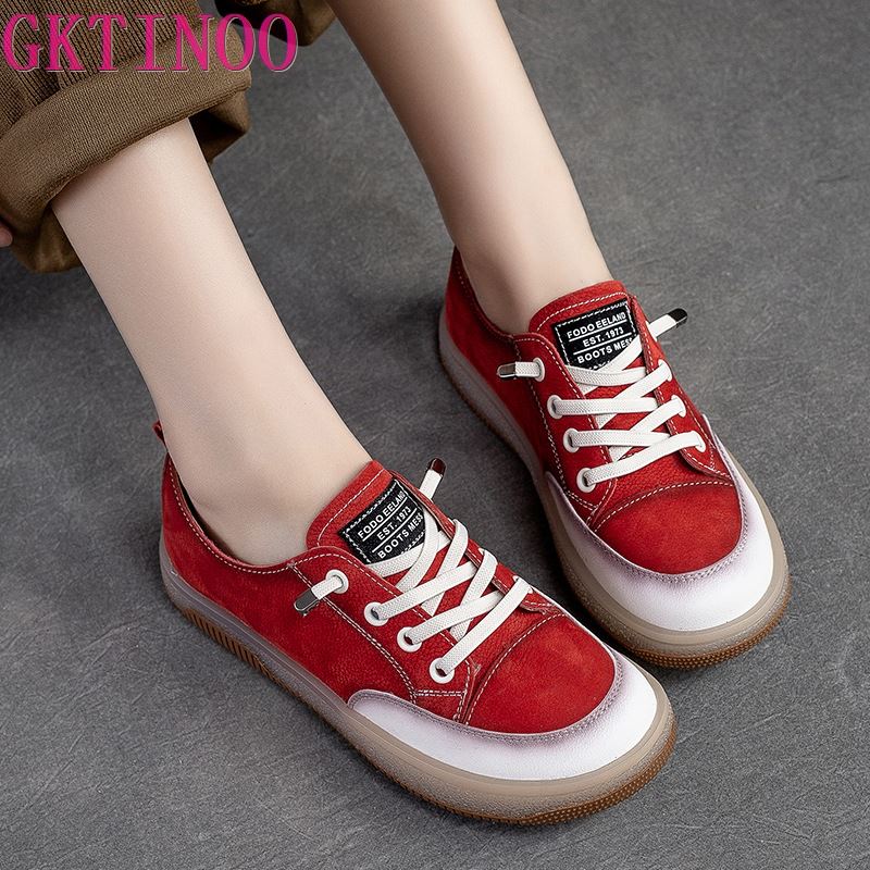 Fashion GKTINOO Women Casual Shoes Fashion Breathable Genuine Leather Shoes Sneakers Lace Up Women Flat Shoes Female Footwear