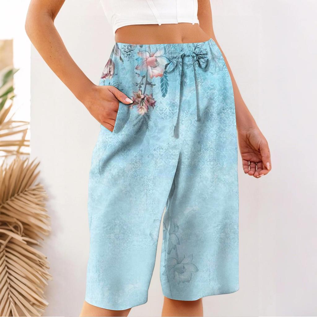 Damen Sommer Mode Gestreift Floral Print Knielang Leichte Elastische Taille Lässige Taschenshorts