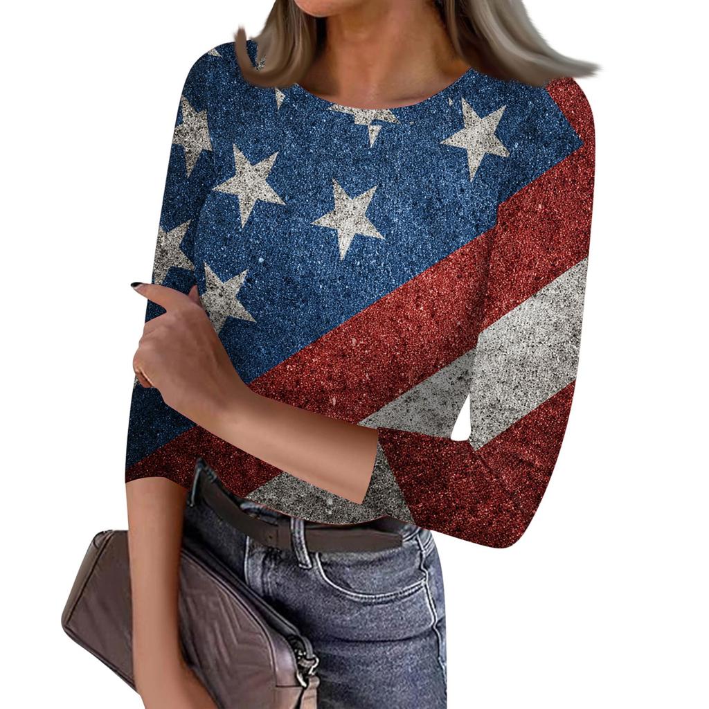 Women's Casual Fashion Round Neck Independence Day Print Three-Quarter Sleeve Ribbed Top